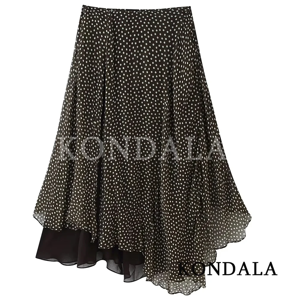 KONDALA Damen Trendiger Urlaubsröckchen mit Polka Dots, asymmetrischer langer Rock, neue Mode 2026 Frühling Sommer, eleganter Damenrock für Dates