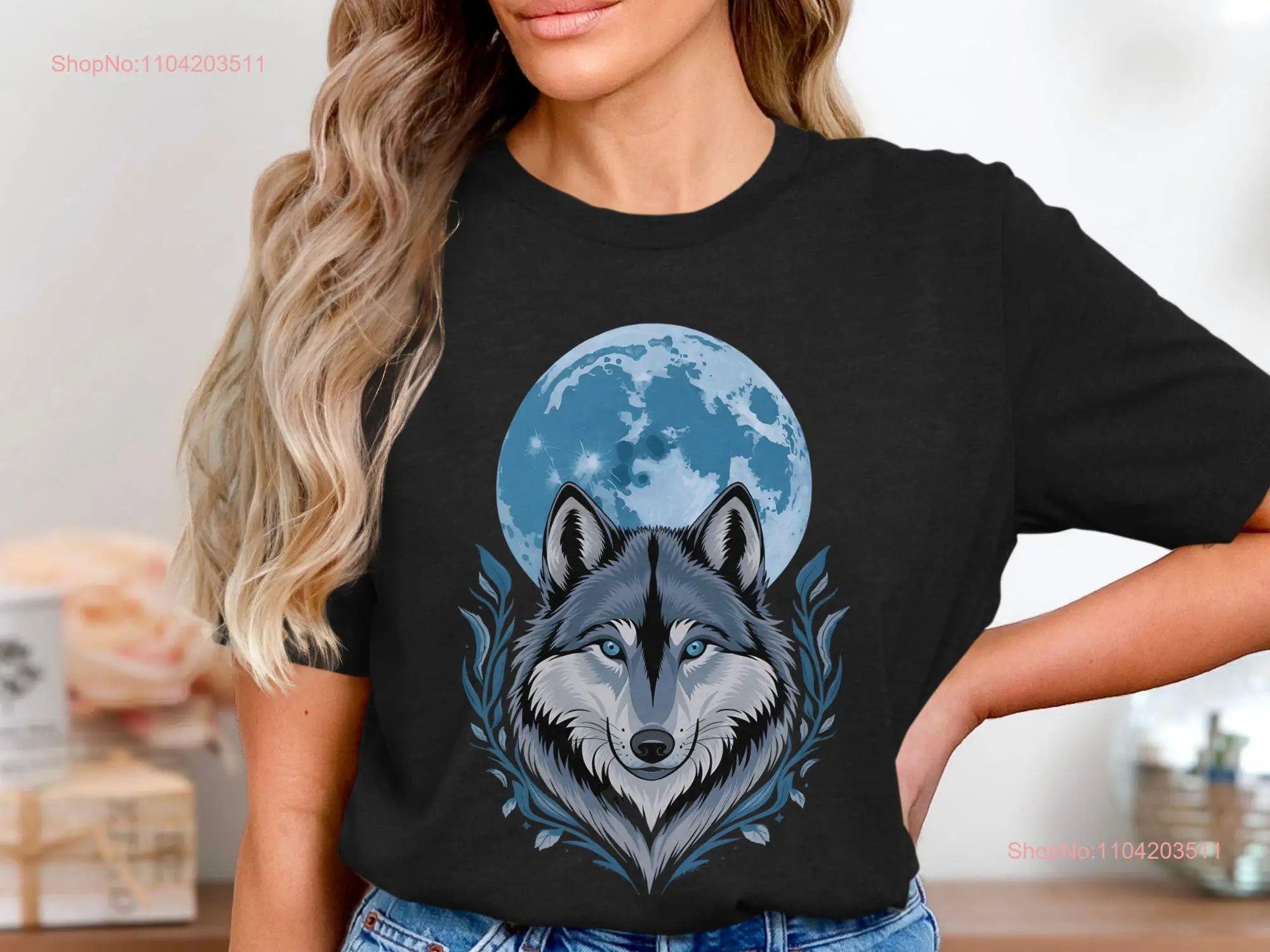 Wolf and Moon T Shirt Mystical Animal Nature Inspired Stylish Design Unique Idea Casual Wear long or short sleeves