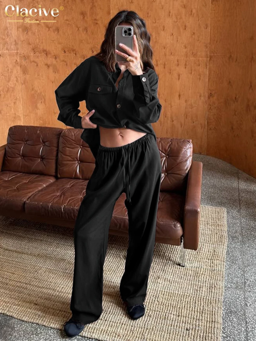 

Clacive Fashion Loose Black Linen 2 Pieces Set For Woman 2025 Elegant Long Sleeve Shirt With High Waist Wide Pants Set Female