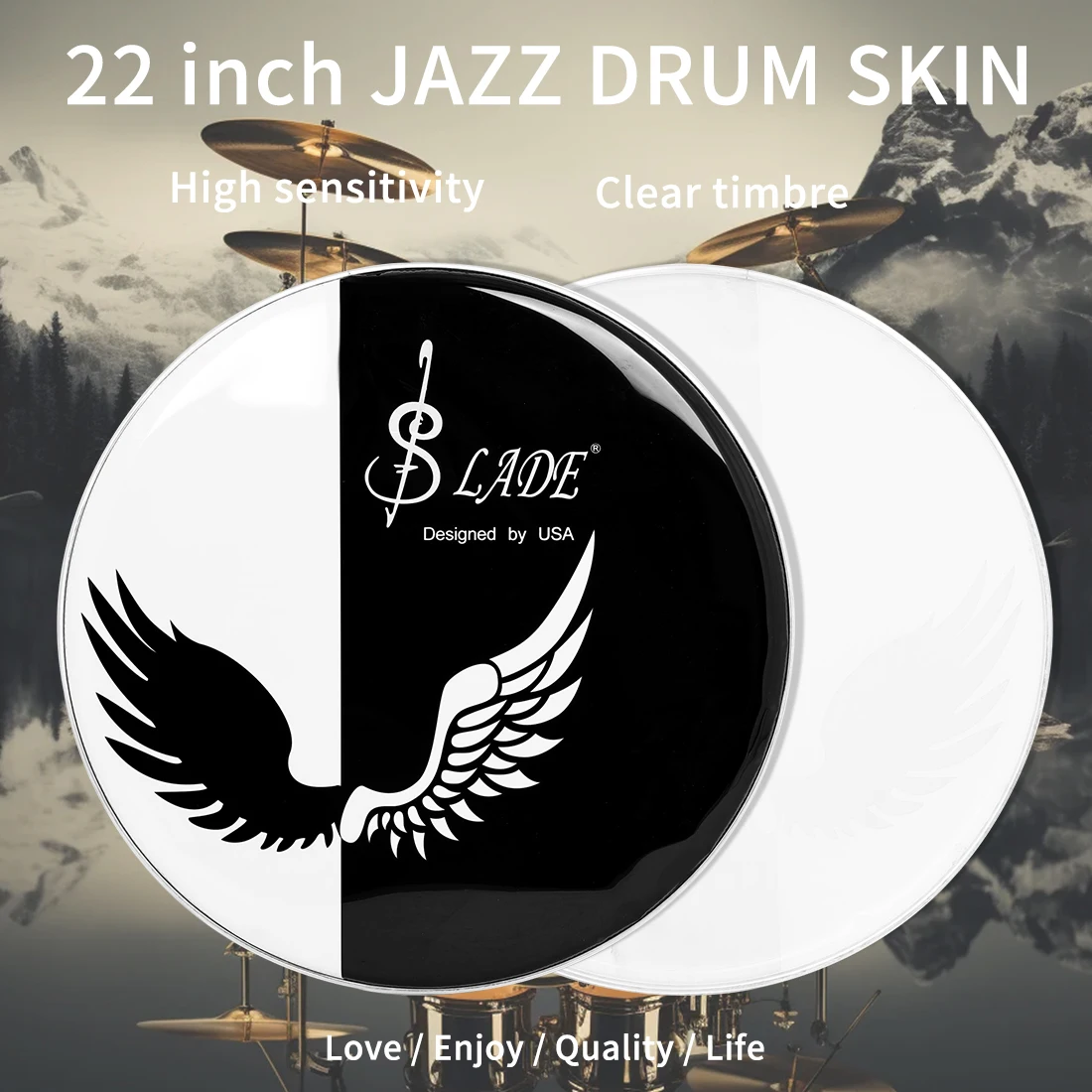 SLADE 22 Inch Drum Leather Black And White Dual Ribbon Wing Frame Drum Leather Polyester Film Strike Type Parts&Accessories