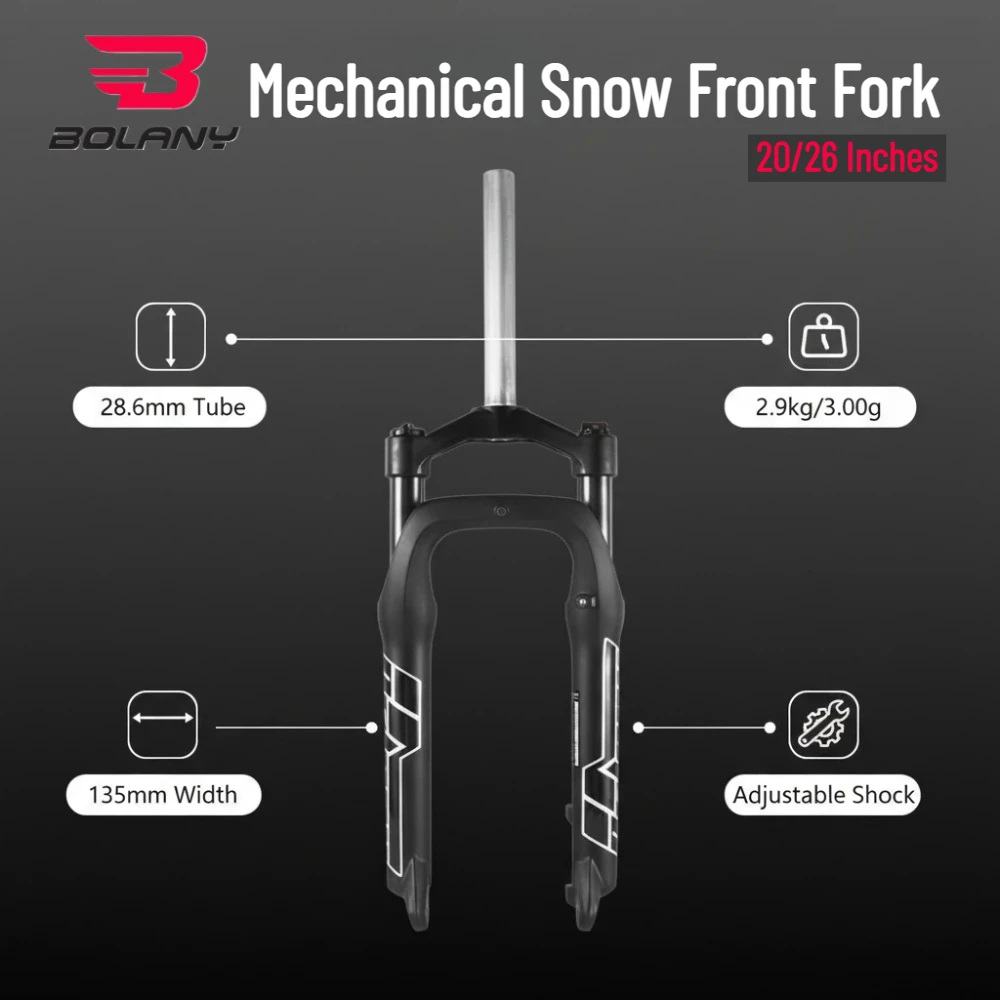 

BOLANY 20-дюймовая / 26-дюймовая 4.0 Fat Tire 135 мм Передняя вилка Снегоход и пляжный велосипед Пружинная механическая передняя вилка Велосипедная снежная вилка