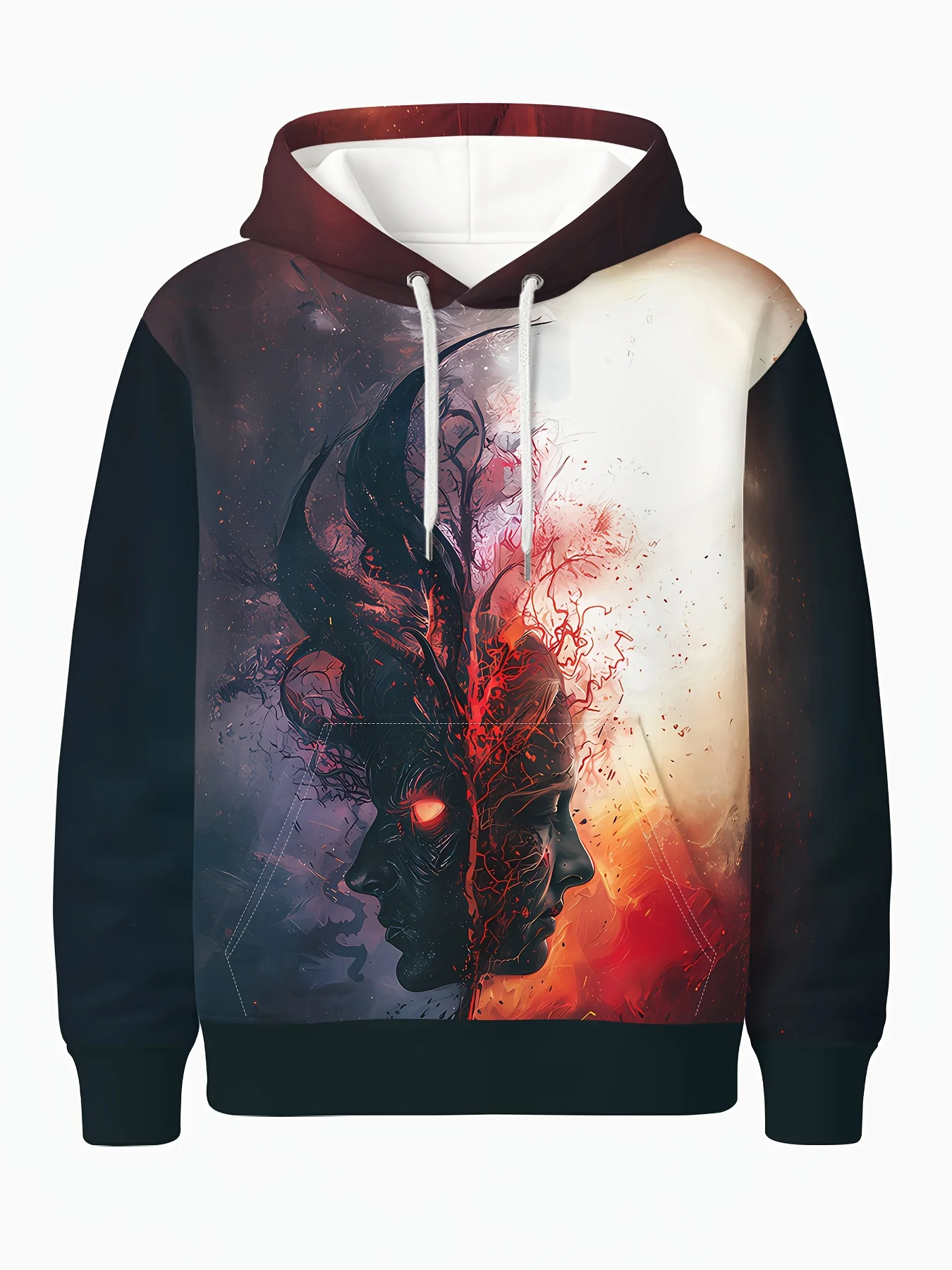 Men Dark Light Contrast Double Face Devil Angel Splatter Art Print Drawstring Hoodie With Pocket