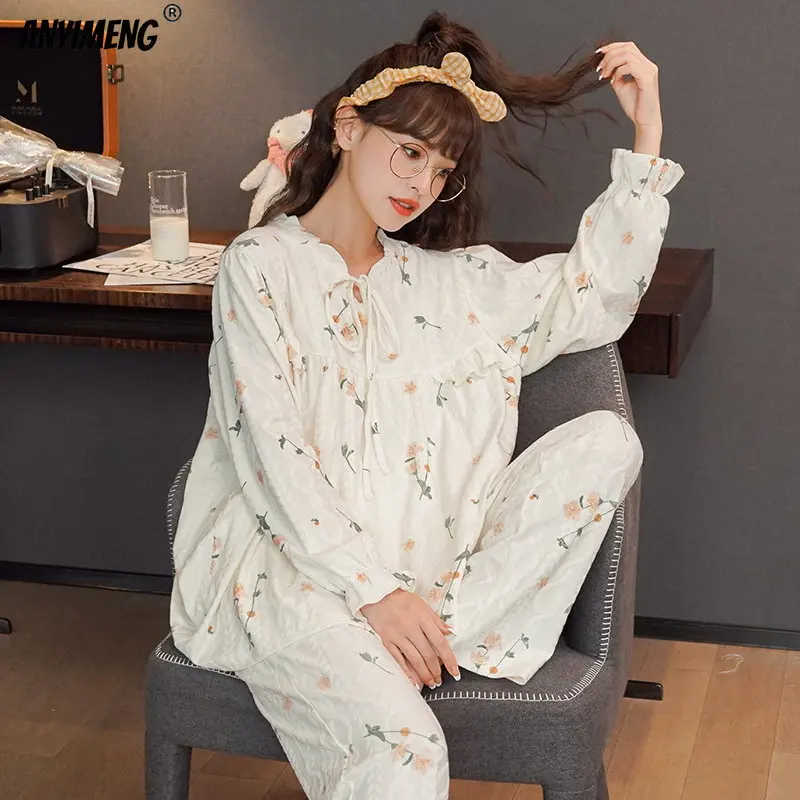 Europe Court Style Cotton Pajamas Set for Women Elegant Lady\'s Delicate Sleepwear Ruffle Neck Cute Bow Girls Pijamas Loungewear