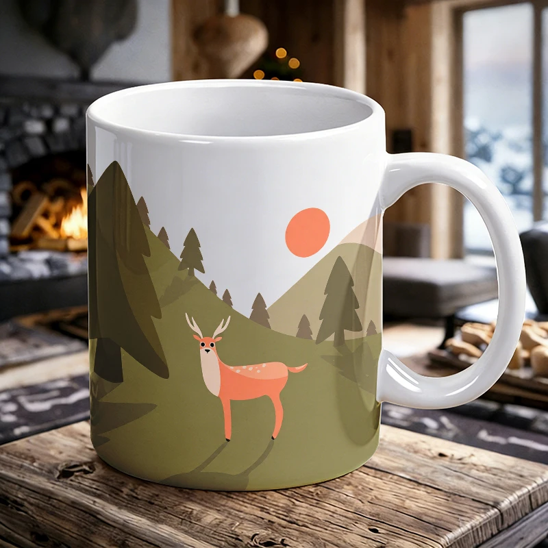 

1PCS Forest Deer Scenic Ceramic Cup, Coffee Cup, Milk Cup, Office Tea Cup, Drinking Cup, Fade-Resistant, Gift for Friends