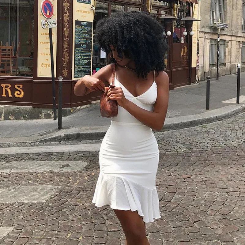 V Neck Elegant Ruffles Sexy Bodycon Dress for Women 2022 Summer Strap Sleeveless Office Lady Vintage Party White Dress 21758