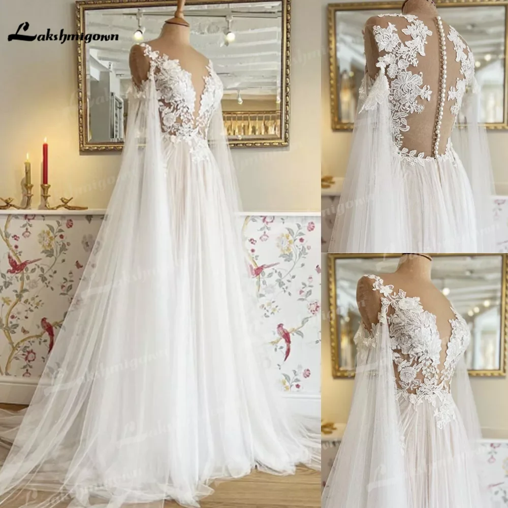 

Lakshmigown A Line Wedding Dress Long Bridal Gowns Tulle V Neck With Detachable Sleeves Lace Applique Ruffle فساتين الزفاف