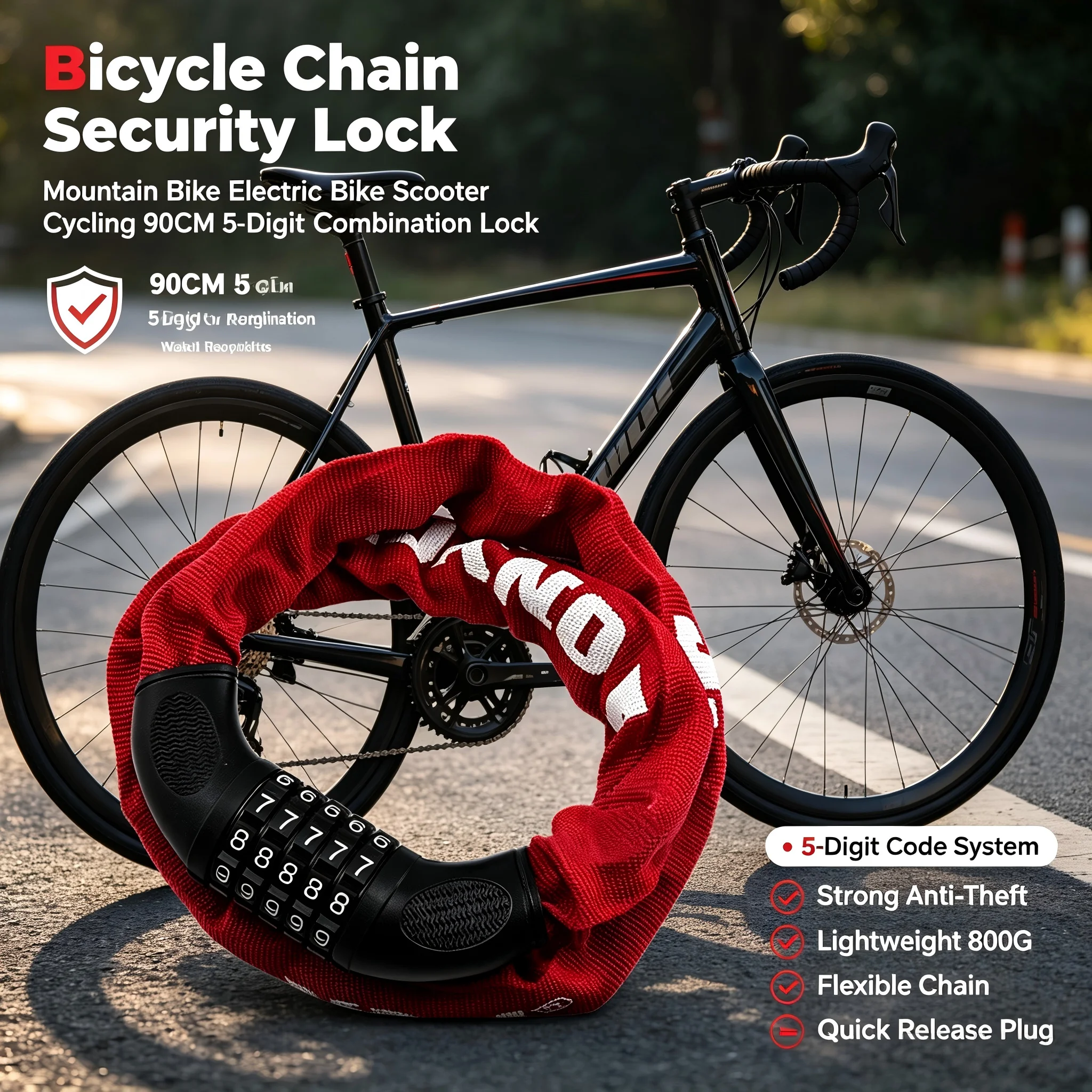 Mountain Bike Electric Bike Scooter Cycling 90CM 5-Digit Combination Bicycle Chain Lock Anti-Theft Portable 800G  Security Lock