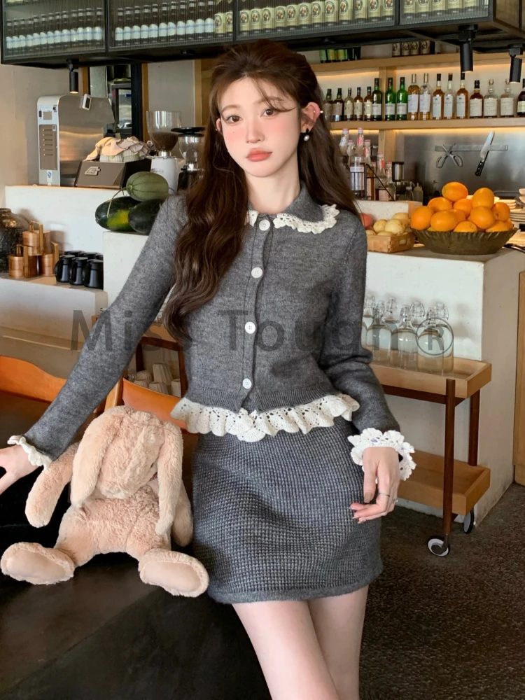 Winter Vintage Elegant 2 Piece Set Women Patchwork Y2k Designer Knit Skirt Suit Female Korean Fashion Solid Casual Set 2023 New