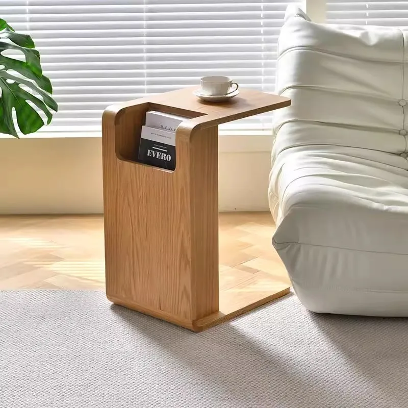 Nordic Solid Wood C-Shaped Sofa Side Table Wabi-Sabi Style Danish Designer Magazine Holder Modern Small Cabinet