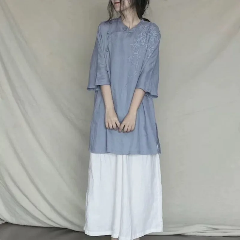 Été nouveau Style chinois femmes hauts mode rétro bouton brodé chemise femmes décontracté Camisas De Mujer