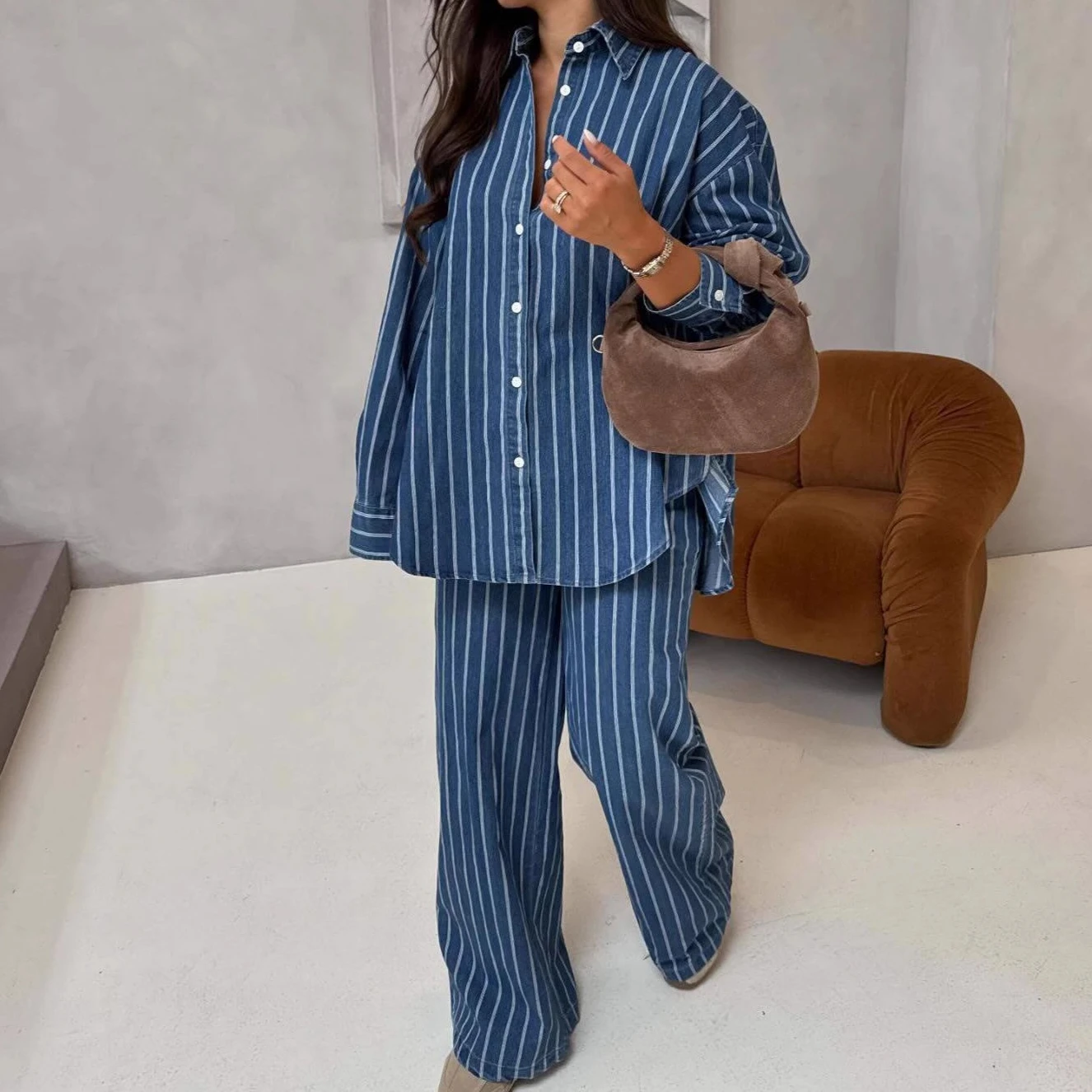 

Two Piece Sets Pant Set Women Turn Down Collar Shirt Striped Wide Leg Long Pants High Waist Y2k Streetwear Casual Loose Work