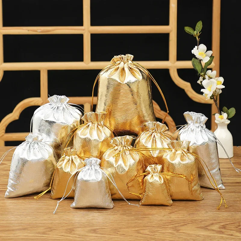 50pcs/lot Gold and Silver Cloth Bags with Drawstring Openings Jewelry Packaging Bags Drawstring Gifts Wedding Candy Bags