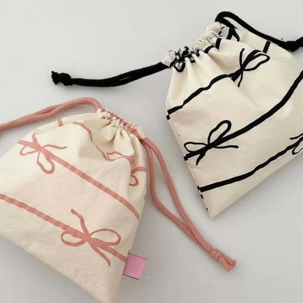 Portable Cute Print Bowknot Drawstring Bag Cotton Cloth Y2k Cosmetic Bag Mini Storage Bag