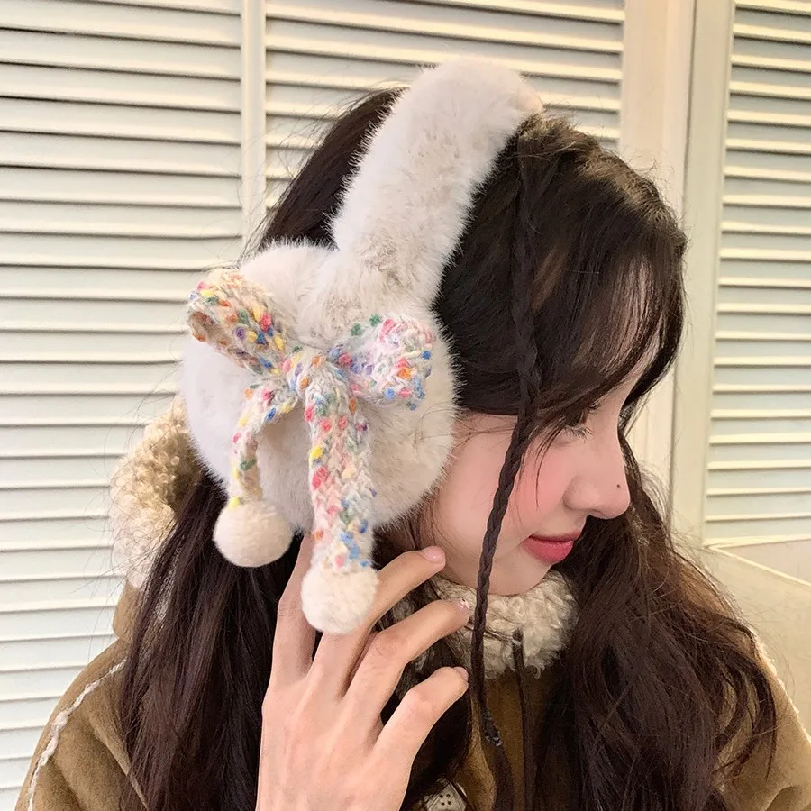 

Cute Colorful Bow Earmuffs Luxurious Elegant Soft Imitation Rabbit Fur Warm Earmuffs New Year Christmas Gifts for Girlfriend