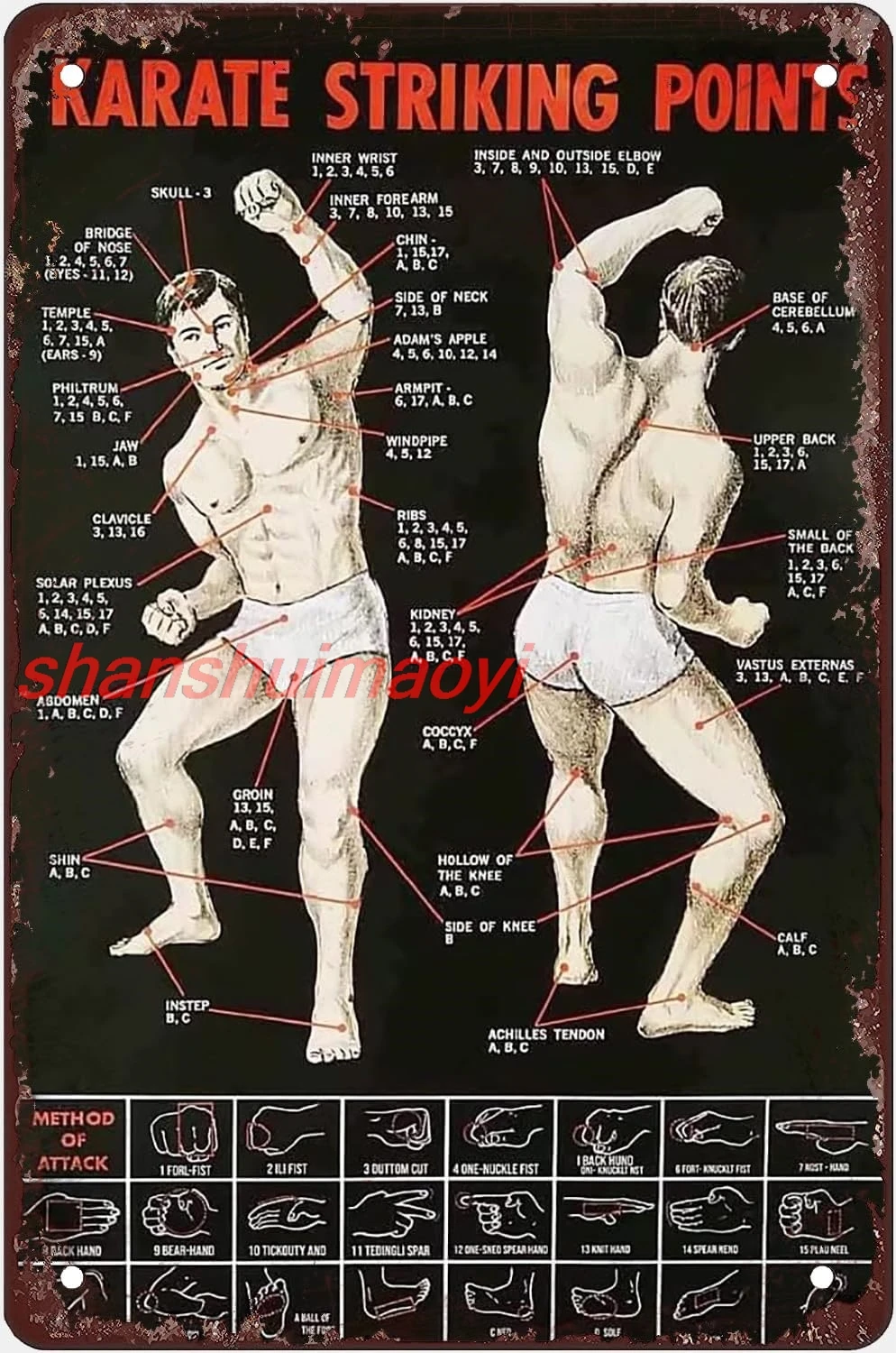 shan nowledge Metal Sign Karate Striking Points Infographic Posters Vintage Tin Sign Fof Home Venues Club Room Bar Wall A 1pc
