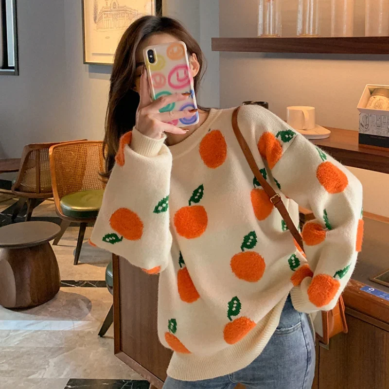 Sweater oranye lucu Pullover 2024 tren musim gugur Sweety Wanita Sweater pola buah oranye Sweater musim dingin wanita Kawaii longgar