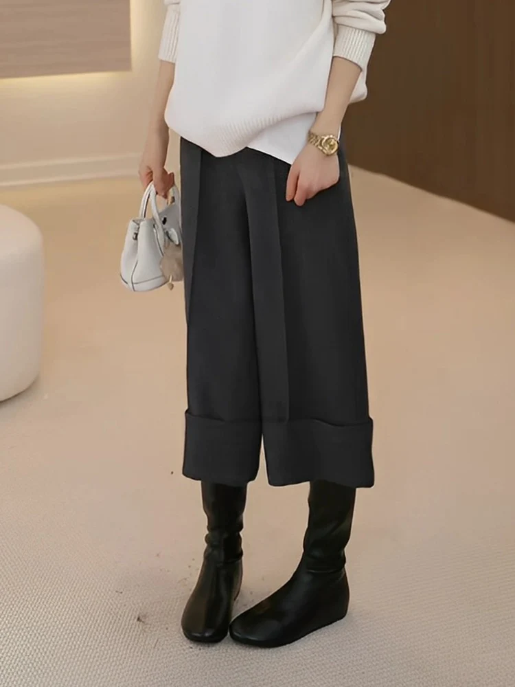 OUDOCKEE High Waist Casual Pants Women's Deep Grey Fashion Straight Leg Nine Points Cuffed Wide Leg Pants Winter New Style
