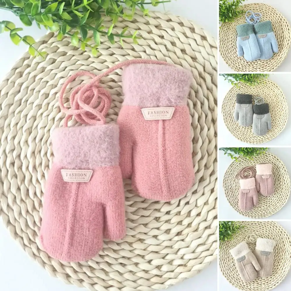 

1 Pair Baby Gloves Hanging Rope Halter Thickened Fleece Lining Winter Gloves Letter Logo Boys Girls Knitting Mittens for Outdoor