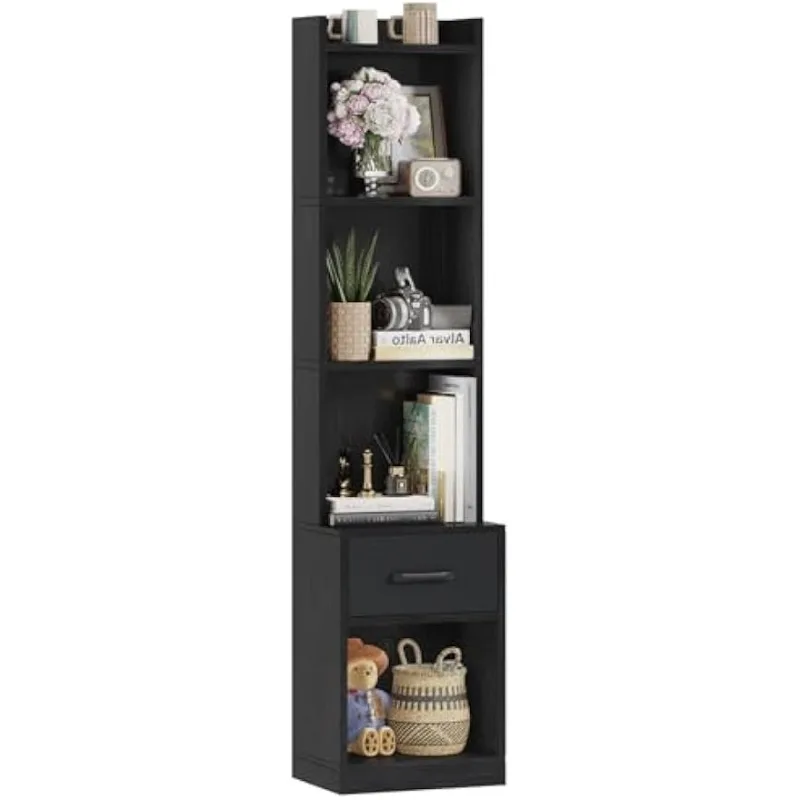 

6 Tier Bookshelf with Drawer, Black 53" Tall Narrow Bookcase, Corner Open Cube Shelves, Industrial Wood Floor Standing Rack