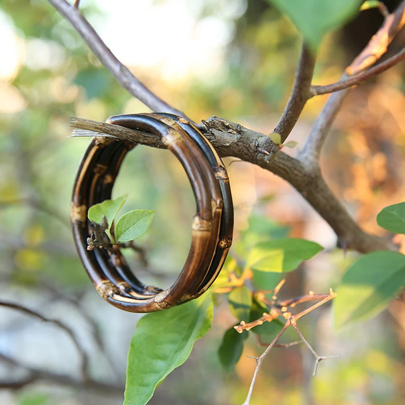 Nilerun Vintage Retro Unique Handmade Three Circles Rings Twisted Stacked Wide Rattan Black Natural Bamboo Root Bracelet Bangle