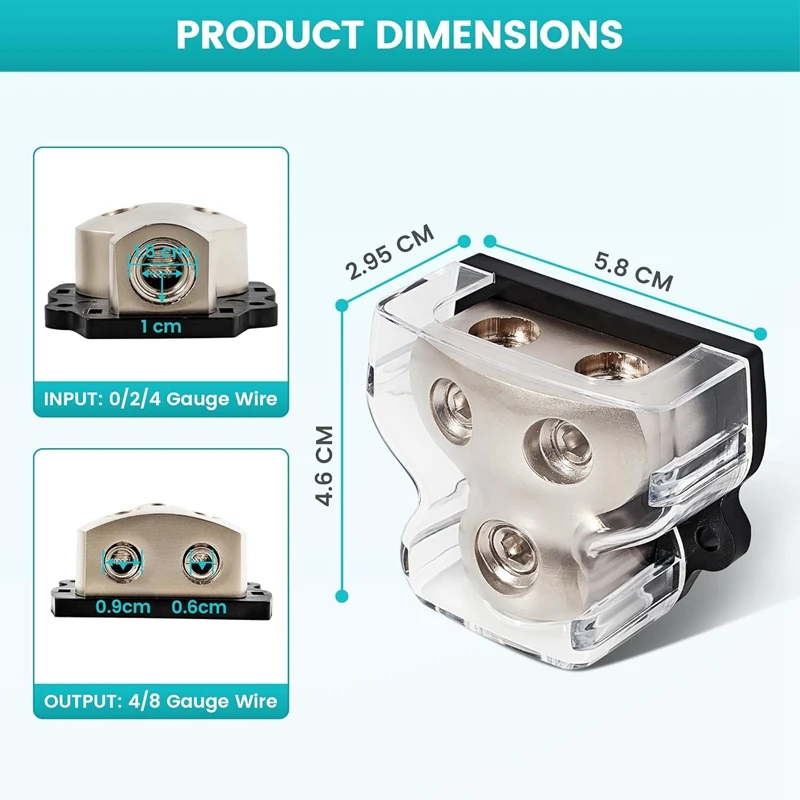 Divisor do amplificador do áudio do carro, distribuição audio que conecta o bloco, 0, 2, 4, 8 calibre para fora, automóvel, 2 PCes