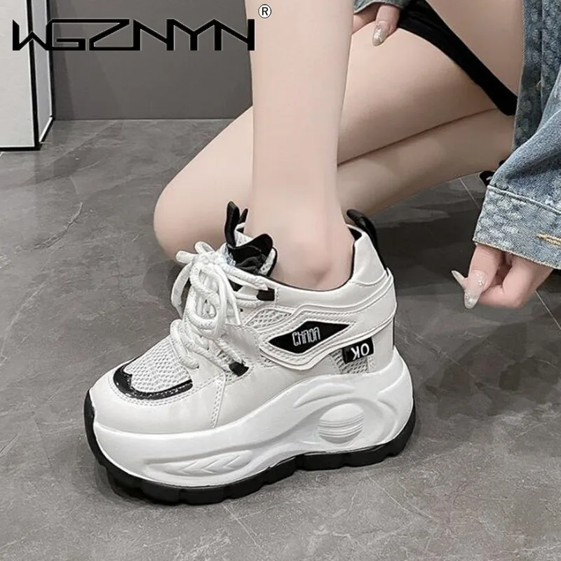 

New Spring Autumn Non-slip Chunky Mesh Sneakers Women Lace-up High Platform Leather Sport Dad Shoe 10CM Heels Casual Shoes Woman