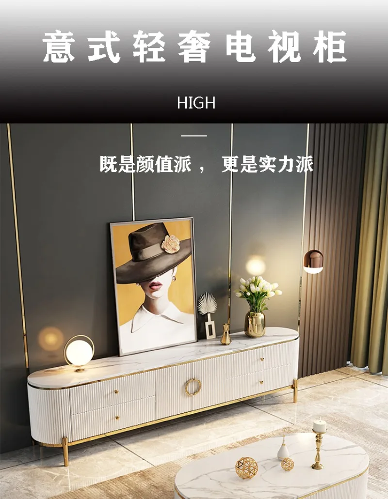 طاولة قهوة ذات بلاطة صخرية فاخرة وخفيفة وخزانة تلفزيون وغرفة معيشة وشقة صغيرة وحديثة وبسيطة للتخزين العالي #6