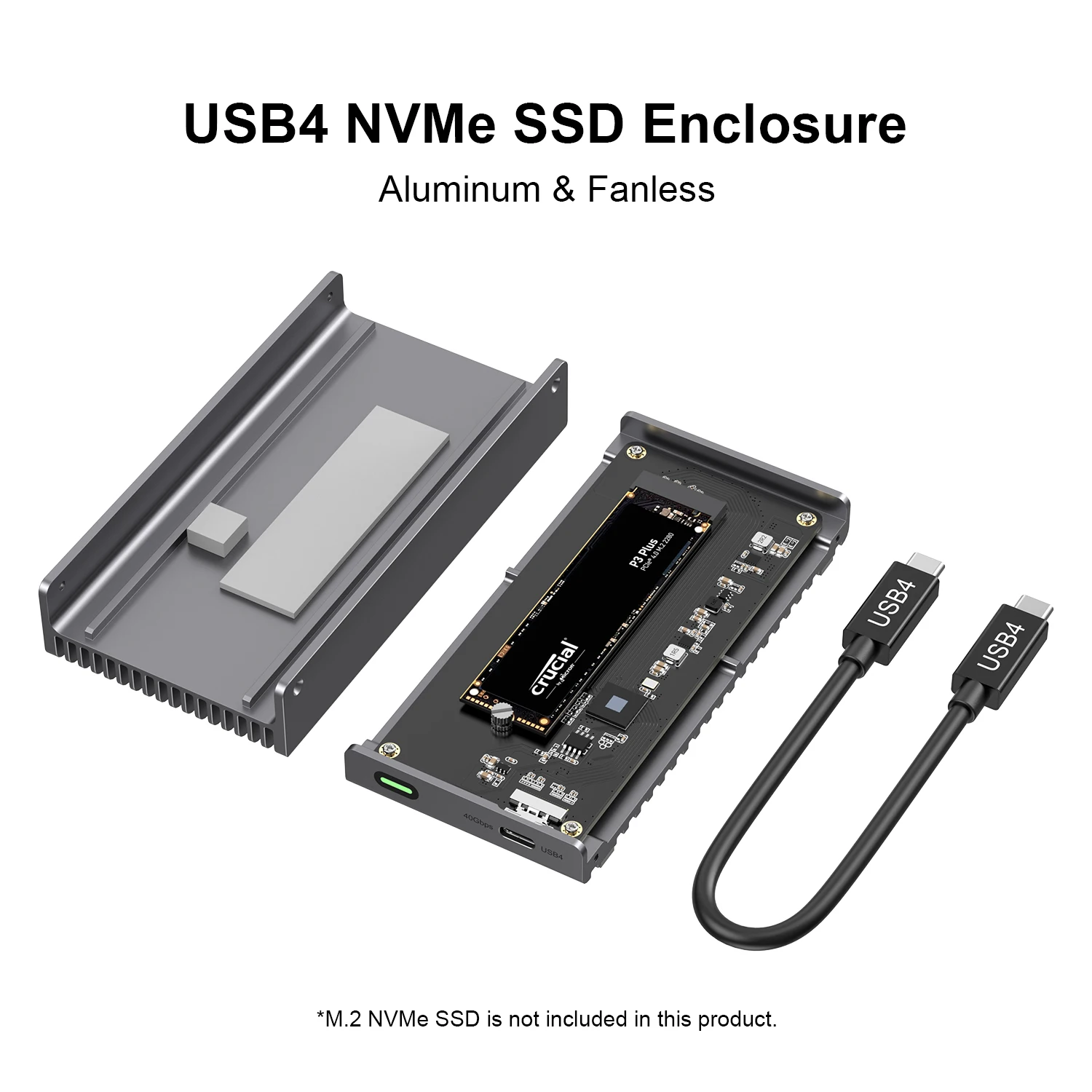 Qwiizlab 팬리스 40Gbps USB4 썬더볼트 외장 SSD 인클로저, 알루미늄 방열판 섀시 포함, M.2 NVMe SSD 최대 8TB 지원