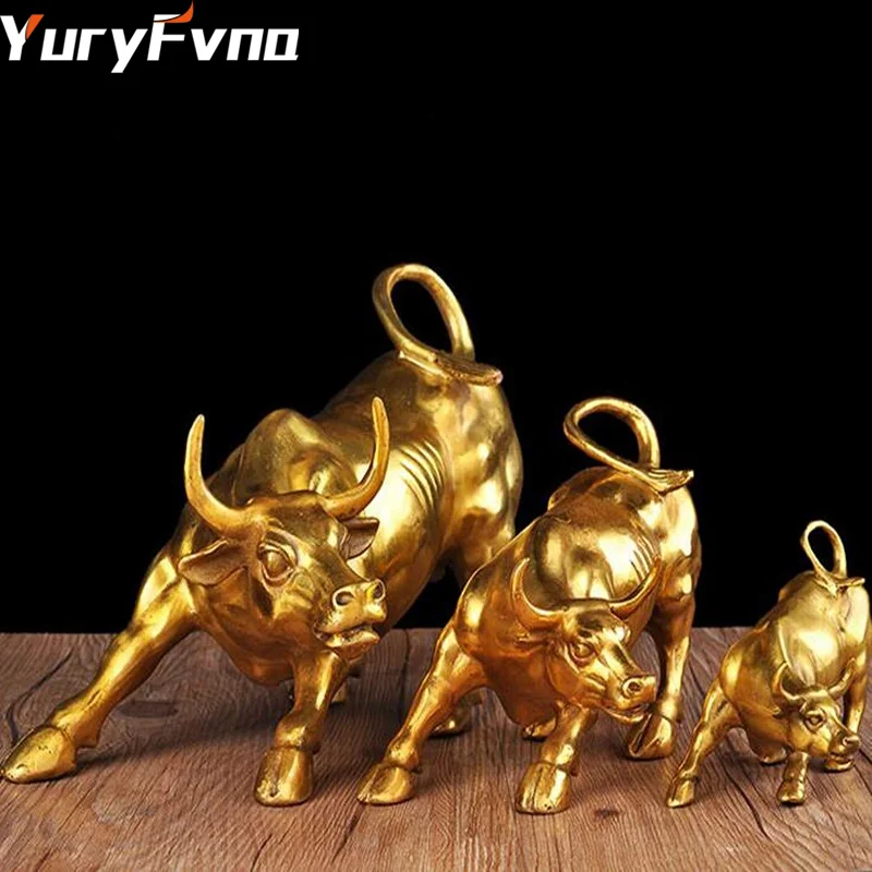 YuryFvna 3 Sizes Golden Wall Street Bull OX Figurine Sculpture Charging Stock Market Bull Statue Home Office Decoration Gift