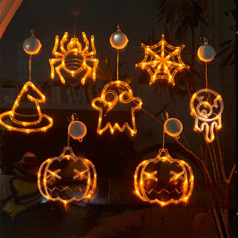 Halloween Decoration Orange Pumpkin Ghost Halloween Window Light with Suction Cup Battery Operated Halloween Home Hanging Decor