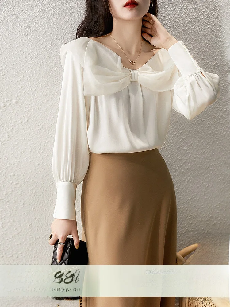 

Романтичный атласный шелковый топ на одно плечо с узлом от Xhange 2026: Очаровательная женская блузка с длинным рукавом для повседневной носки