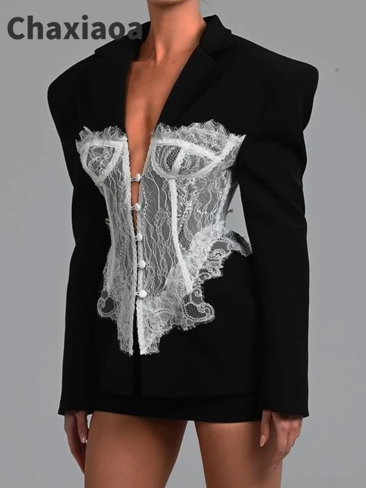 Chaxiaoa, chaqueta Sexy de manga larga de retazos para mujer, moda elegante, cuello en V profundo, bordado, Blazers de un solo pecho, abrigo para mujer