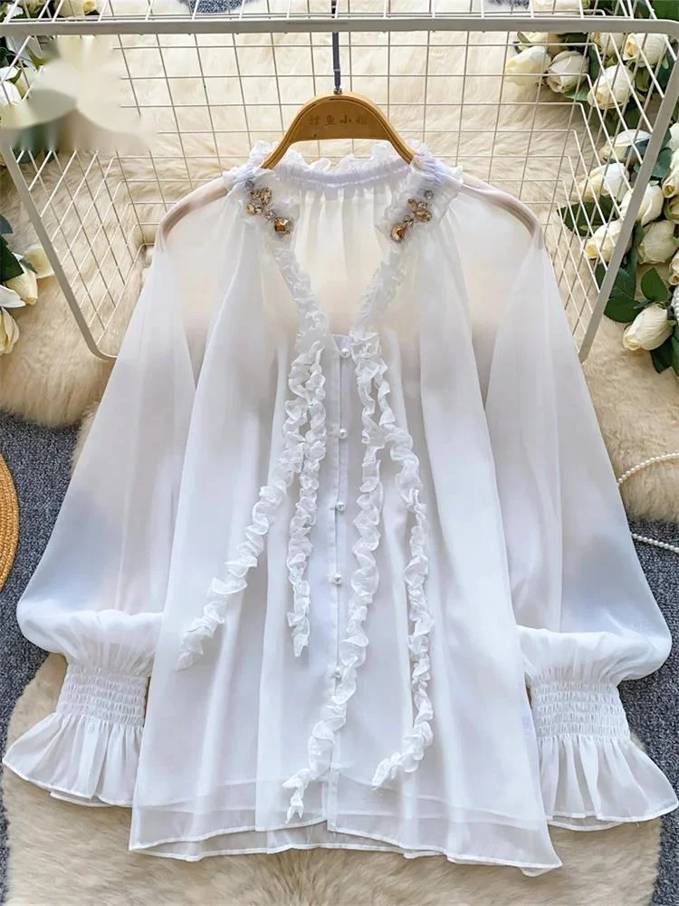 

Diamonds Chiffon Luxury Blouse V Neck Puff Sleeve Pearl Button Trendy Shirts Ruffles Ladies Workwear High Quality Tops