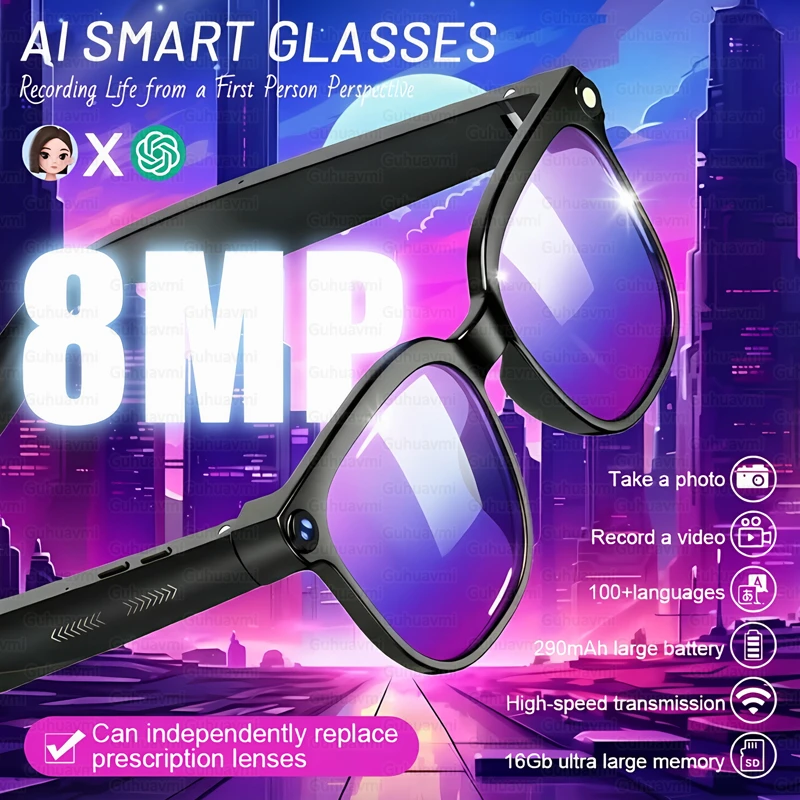 

8K Ultra HD Camera Smart Glasses Men AI ChatGPT 100+ Languages Translation 4K Anti-Shake Video Recording Music Smart Sunglasses