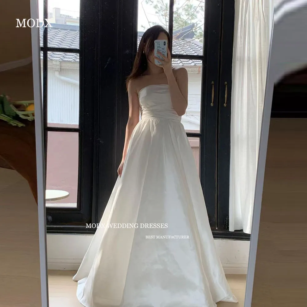 MODX Elegancka Biała Suknia Ślubna Bez Ramiączek, Linia A, Ołówkowa, Plisowana, Koreańska Fotografia Ślubna, Formalne Suknie Ślubne, Szyte na Miarę