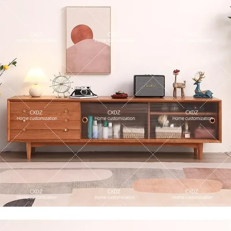 Modern Japanese Style Solid Wood TV Cabinet Cherry Wood Floor Standing Media Console with Sliding Doors and Removable Back