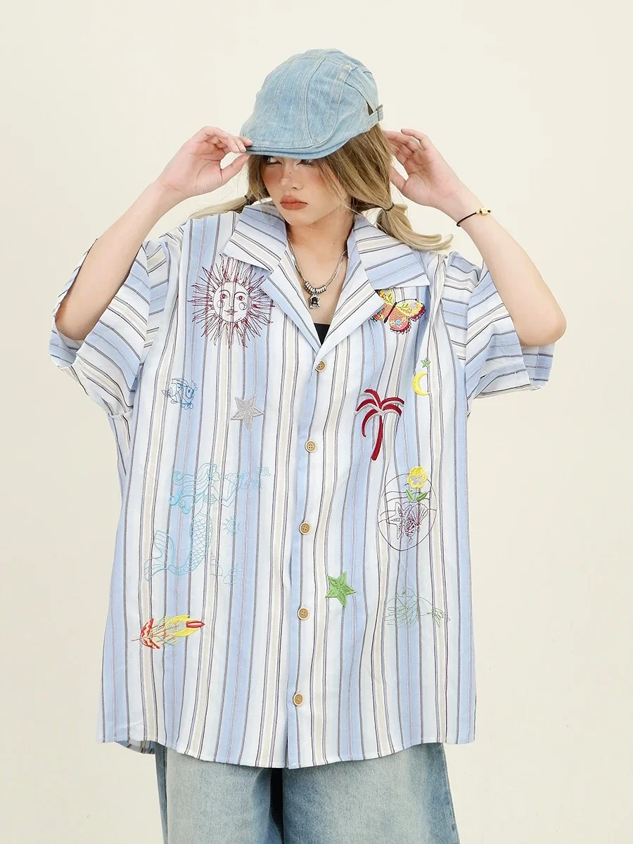 Embroidered Striped Short-sleeved Shirt 2024 Summer New Loose Bf American Retro Versatile Top Trendy Women