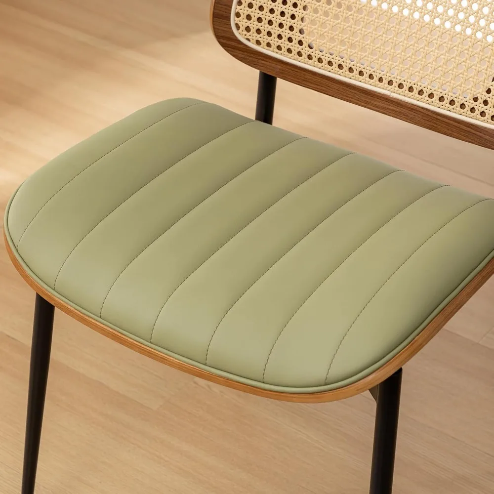 Mid Century Modern Rattan Dining Chairs Set: 4 Green PU Leather Upholstered, Metal Leg Kitchen Chairs with Adjustable Features