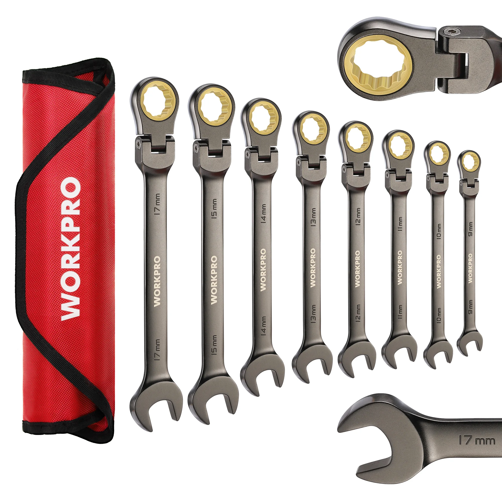 WORKPRO 8-Piece Ratcheting Wrench Set Metric 9-17mm 72T Cr-V Steel 180° Flex-Head Nickel Plated Combo Wrench Bag Auto Repair Home DIY