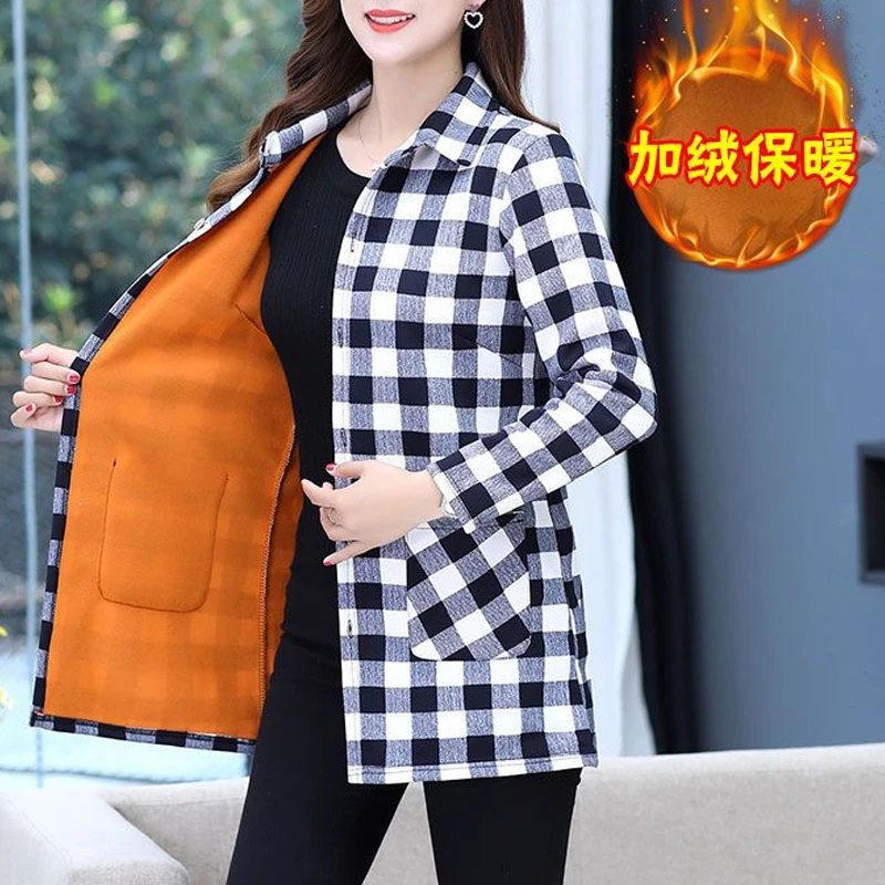 Winter New Plaid Fleece Pockets Patchwork Blouse Long Sleeve Loose Plus Size Vintage Shirt Tops Casual Fashion Women Clothing