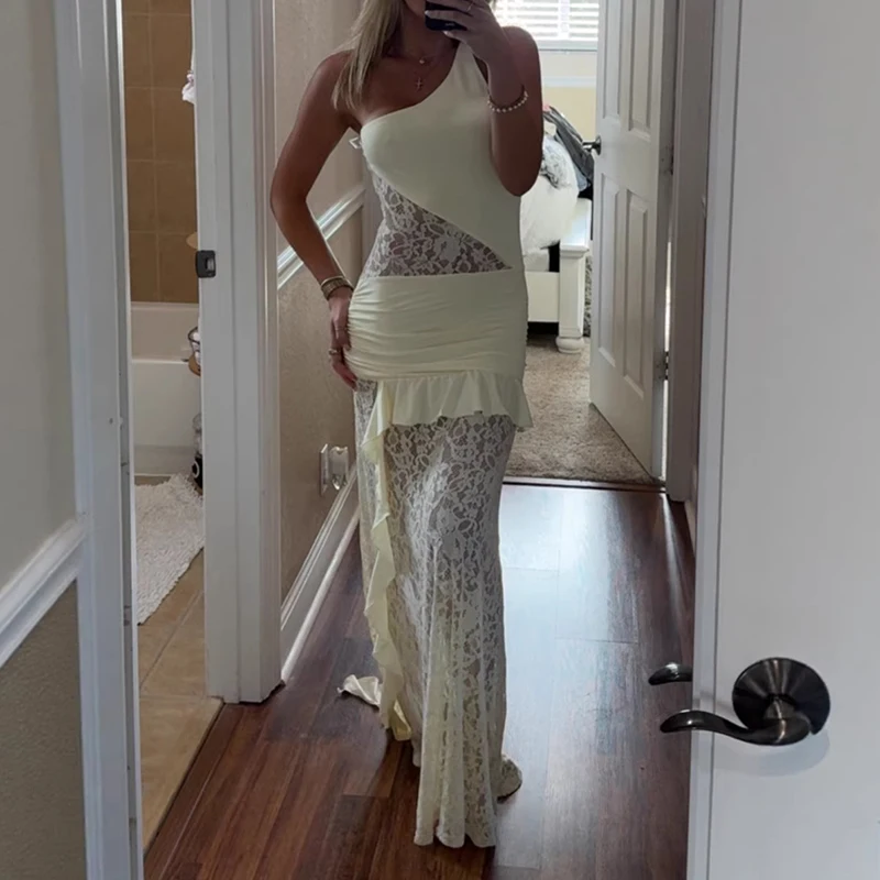 

Летнее повседневное платье макси для отпуска, элегантное, с открытыми плечами, облегающее бедра, для вечеринок, сексуальное, с вырезом-лодочкой, с кружевными вставками, пляжное платье