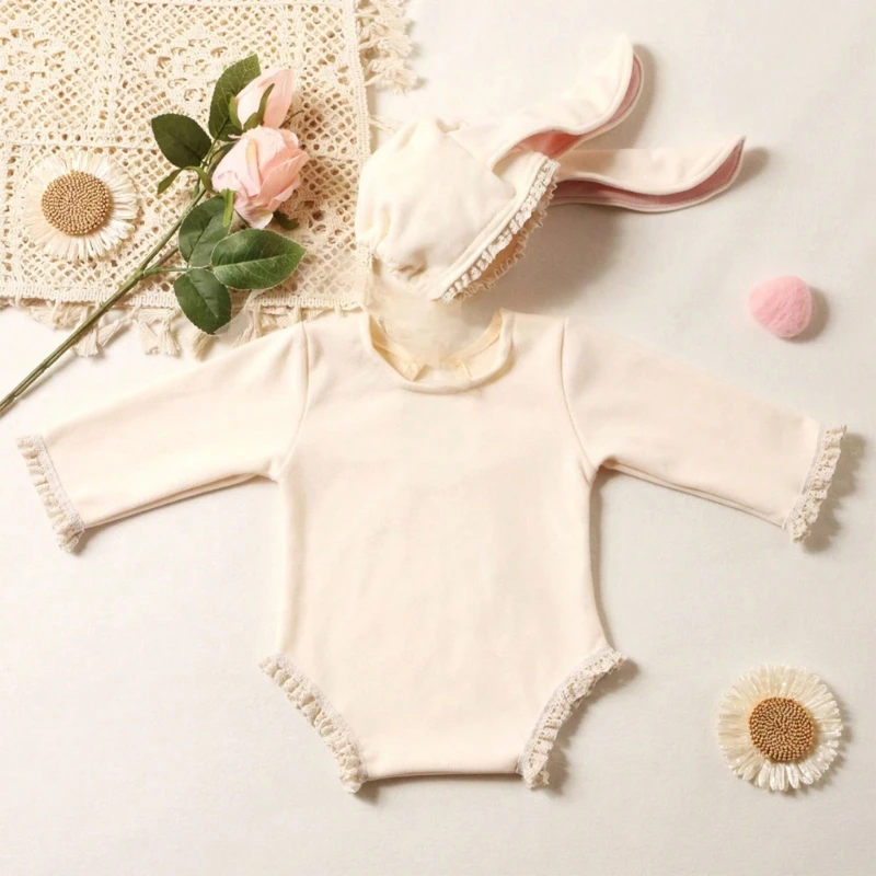 Newborn Photo Costume Soft Polyester Rabbit Hat & Jumpsuit set K1KC