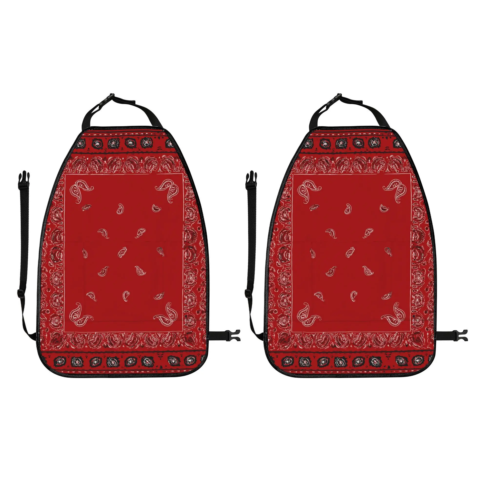 2pcs Vintage Red Bandana With White Paisley Patterns And Intricate Border Design Car Seat Anti Kick Pad, Seat Storage Anti Kick