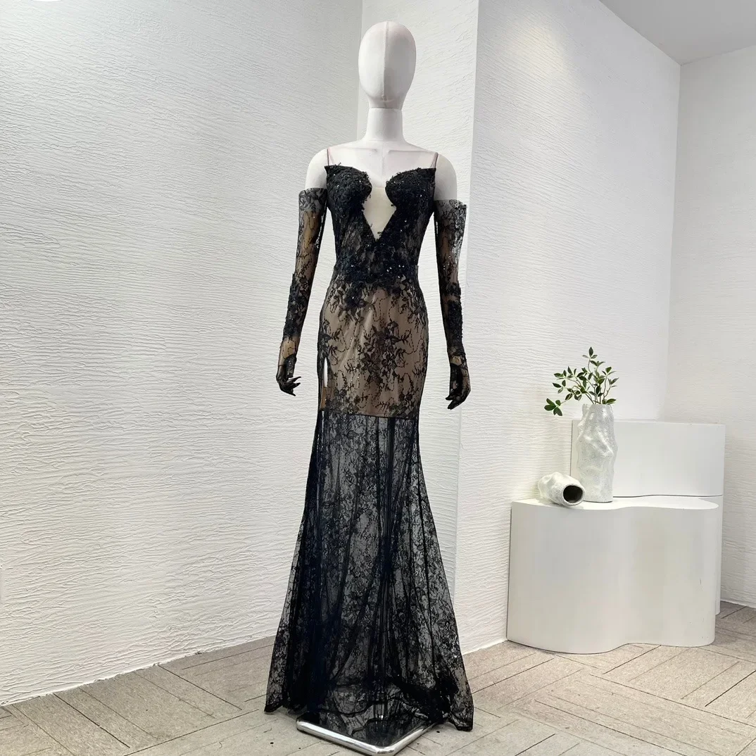 

Women's Black Floral Lace Long Sleeve Sequined See Through Side Slit Maxi Dress for Party