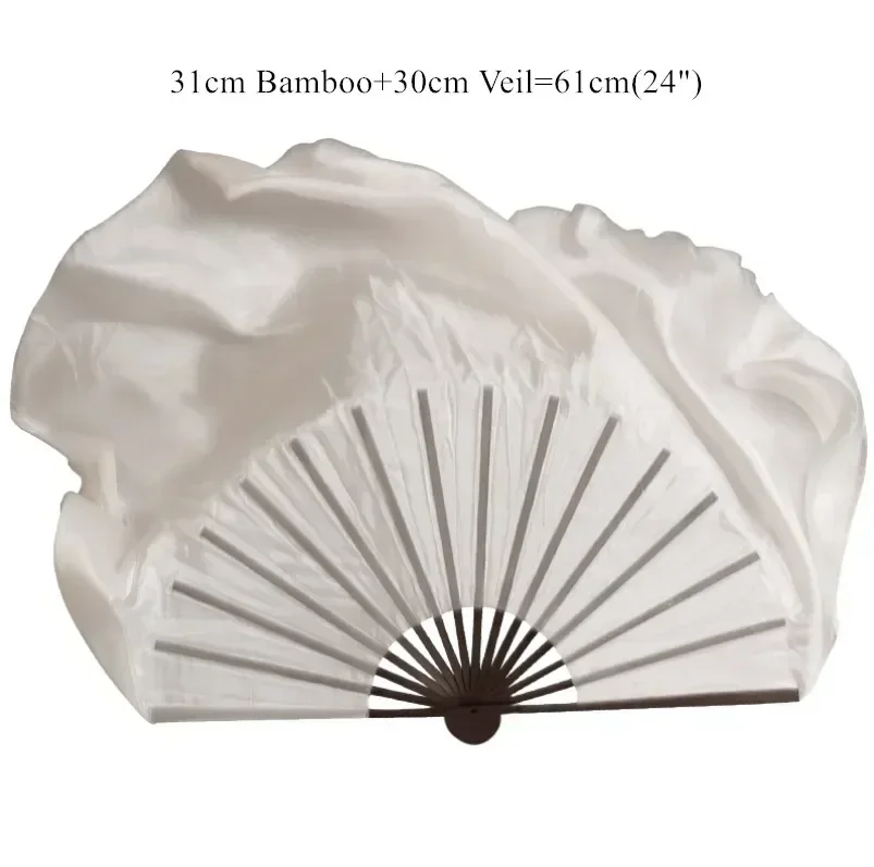 Volledige Zwarte Echte Zijde Bamboe Fan Sluier Paren (1L + 1R) Vrouwen Buikdans Halve Maan Cirkel Fan Dubbele Lagen Lichtgewicht 41 cm 86 cm