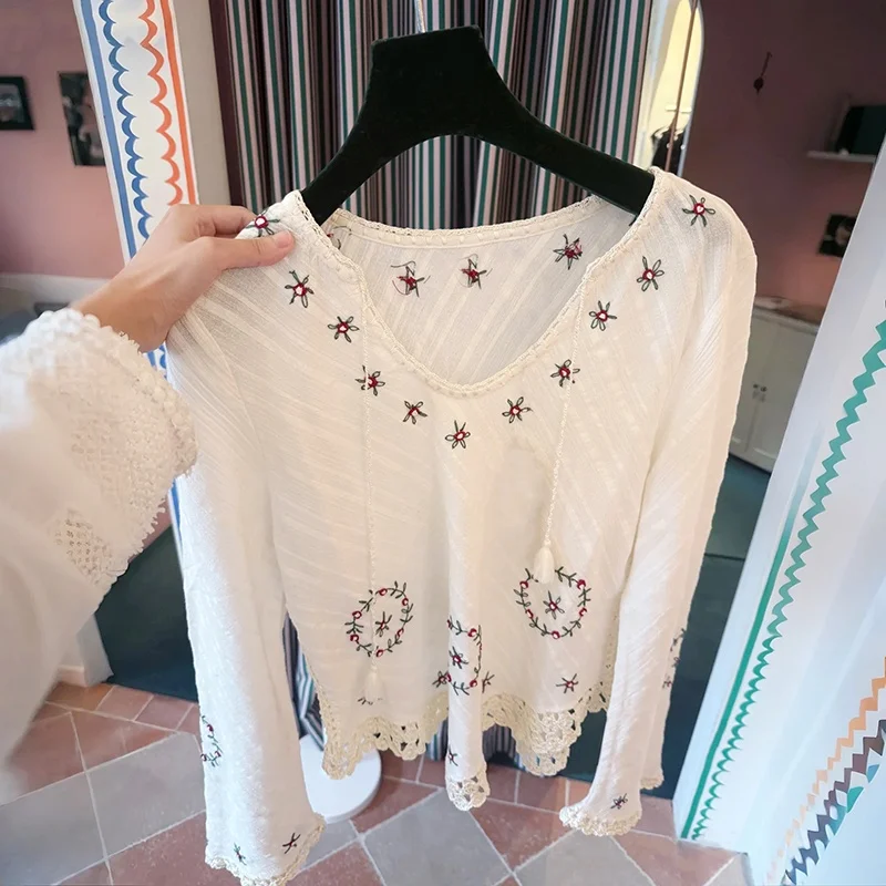 

Spring 2026 n Hook Knitted Embroidered Bubble Cotton V-ne Tassel Women's Top Ele Sle Loose Fit Long Sve