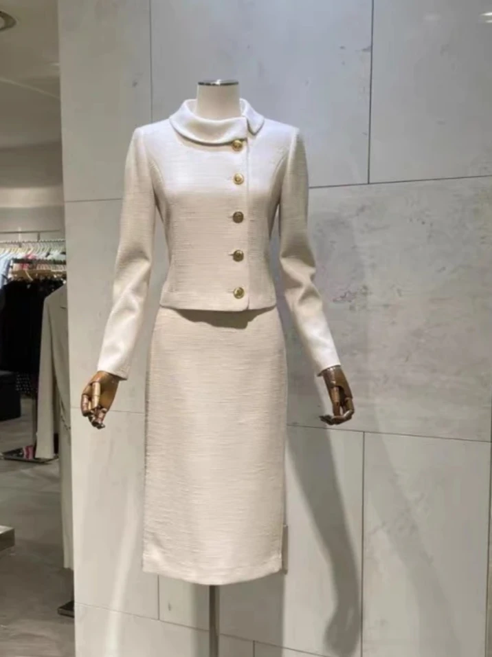 

Elegant Sophisticated Women Professional Suit Two-Piece Set 2025 New Round Neck Single-Breasted Slim Top Mid-length A-Line Skirt