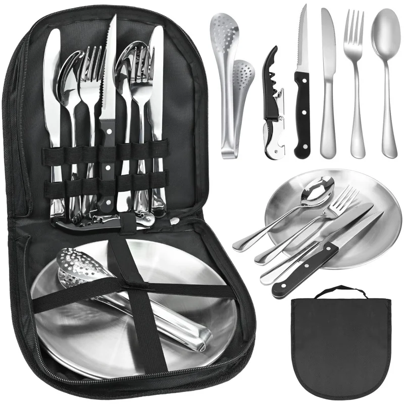 11Pcs Camping Cutlery Set Stainless Steel Portable Picnic Utensils with Plates Grill Tong Bottle and Opener for Picnics Camping