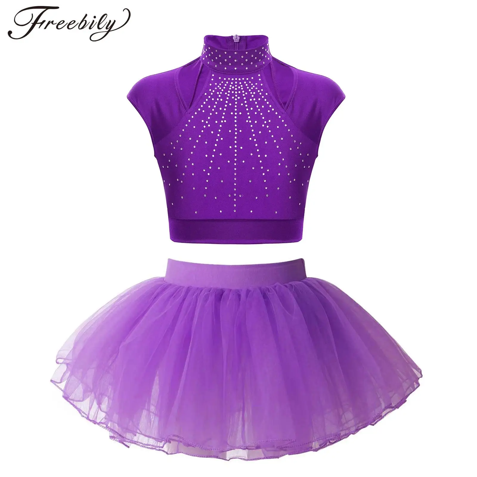 

Kids Girls Ballet Dance Dress Set Sleeveless Rhinestones Crop Top with Tutu Mesh Skirt Ballerina Ballroom Performance Costume