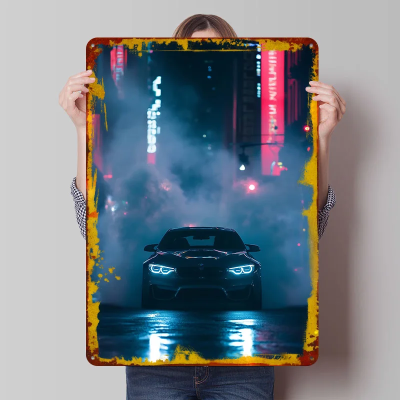 M4 F82 Burnout in City At Night Tin Poster Customized Wall Art Retro Vintage Metal Signs for Fans Room Home Decorations House